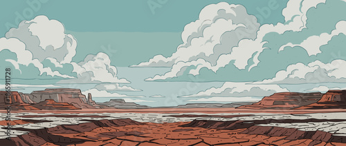 Vast desert canyon landscape illustration with red rock buttes and mesas under a sky filled with dramatic puffy clouds in a comic book art style