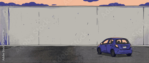 Small blue hatchback car illustration is parked alone in a desolate lot next to a large concrete wall in a graphic novel comic book style with halftone textures