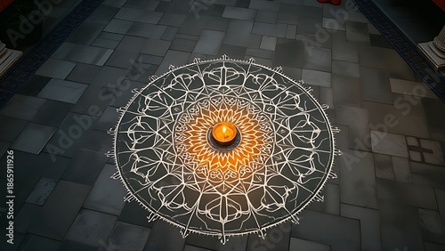 courtyard. Mandala pattern on ground with a small oil lamp at center. event programs, museum guides, cultural reports, designed for cultural heritage projects and event programs, used by hr managers.