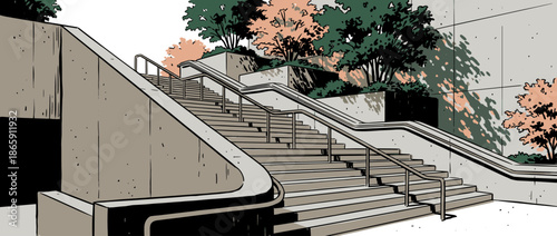 Graphic illustration of an outdoor concrete staircase with metal handrails leading up past terraced planters with trees, depicted in a minimalist, comic book art style
