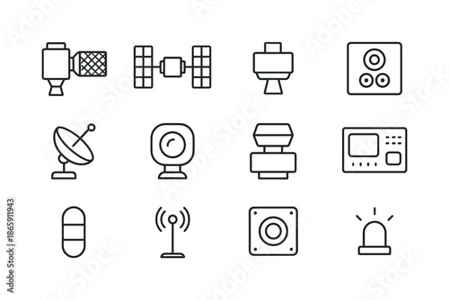 Space Cleanup Icons. Space cleanup satellites. Line icon set of space cleanup satellites: cleanup satellite bus, solar panel wings, attitude control thrusters,