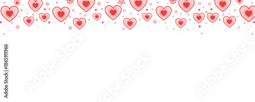 Vibrant seamless horizontal border of pink and red hearts with sparkling snowflakes and stars on transparent background. Perfect for Valentine's Day, romantic designs, love cards, invitations.