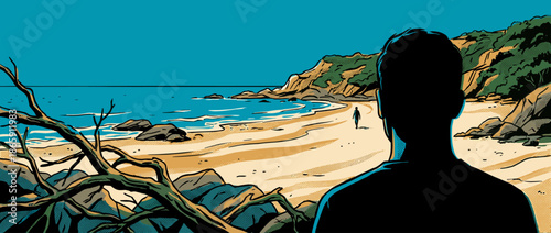 Silhouetted person from behind contemplates a lone figure walking on a scenic coastal beach, rendered in a striking comic book illustration style with bold outlines