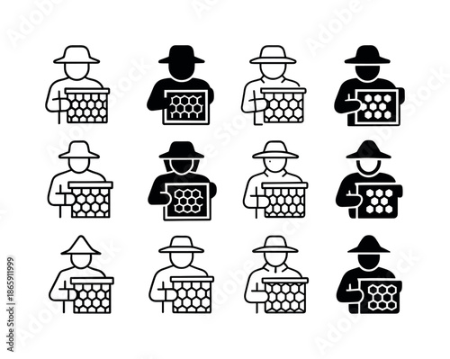 Beekeeping Logo Variations. Beekeeping and Pollination. Icon set. Set Logo of Beekeeping and Pollination: beekeeper with hive frame. harmonious logo variations