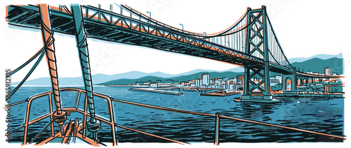 Large suspension bridge in a bold graphic illustration style spans a wide bay, viewed from the deck of a sailboat with a distant cityscape and hills