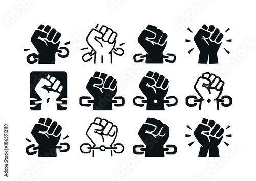 Breaking Chains Logos. Breaking chains in rage. Icon set. Set Logo of Breaking chains in rage: clenched fist breaking bonds. harmonious logo variations of the