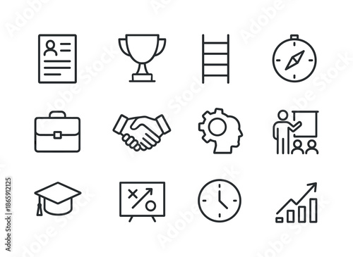 Career Icon Set. Career inspiration. Line icon set of Career inspiration: resume, trophy, ladder, compass, briefcase, handshake, skills icon, coaching symbol,