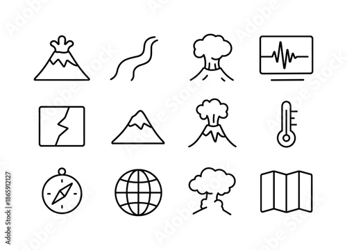 Volcano Study Icons. Volcano study. Line icon set of Volcano study: volcano, lava stream, gas plume, seismograph, tectonic plate, mountain, eruption, thermal