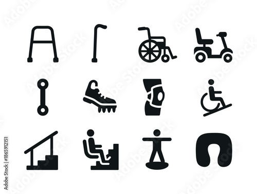 Senior Mobility Icons. Senior mobility. Solid icon set of senior mobility: walker, cane, wheelchair, mobility scooter, support handle, shoe grip, knee brace,
