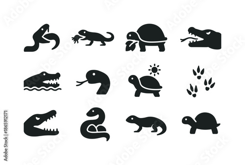 Reptile Feeding Icons. Reptile feeding habits. Solid icon set of Reptile feeding habits: snake swallow, lizard insect hunt, turtle herbivore, crocodile bite,