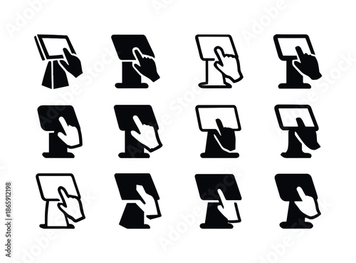 Digital Signage Emblems. Digital signage. Icon set. Set Logo of digital signage: interactive kiosk. harmonious logo variations of the same emblematic concept,