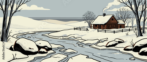 Rustic log cabin with a smoking chimney sits in a snowy winter landscape beside a frozen river in a serene, graphic novel illustration style with bold outlines