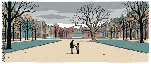 Stylized graphic novel style illustration of two people talking in a large, quiet city park during a melancholic autumn day with bare trees and old buildings