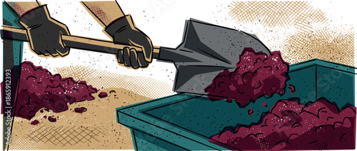 Gloved hands using a metal shovel to move dark red compost into a large green bin in a graphic comic book style illustration with halftone textures