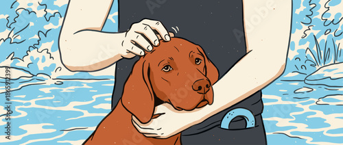 Sad brown hunting dog being gently petted and hugged by its owner in a tender moment, depicted in a graphic, hand-drawn illustration style with bold outlines