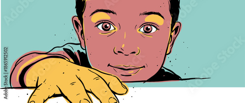 Graphic illustration of a curious boy peeking over a surface with wide eyes and a gentle smile, rendered in a bold pop art style with a limited color palette