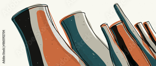 Industrial cooling towers and factory smokestacks illustration in a retro graphic style with a limited color palette, halftone textures, and a dynamic low-angle perspective