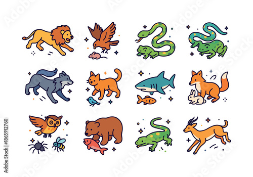 Colorful Predator-Prey Icons. Predator-Prey. Colorful isometric vector icons set of Predator-Prey: lion chasing antelope, hawk diving on mouse, snake striking