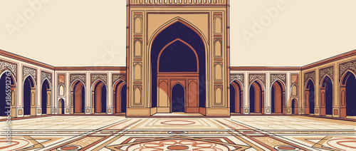 Ornate historical mosque courtyard with grand arches and intricate Islamic patterns in a warm, stylized, panoramic vector illustration with a vintage aesthetic