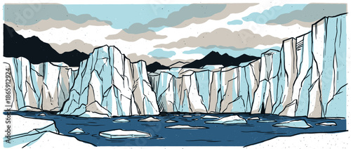 Hand-drawn illustration of a vast glacier wall with icebergs floating in cold blue water, depicting a majestic arctic landscape with distant mountains under a cloudy, stylized sky