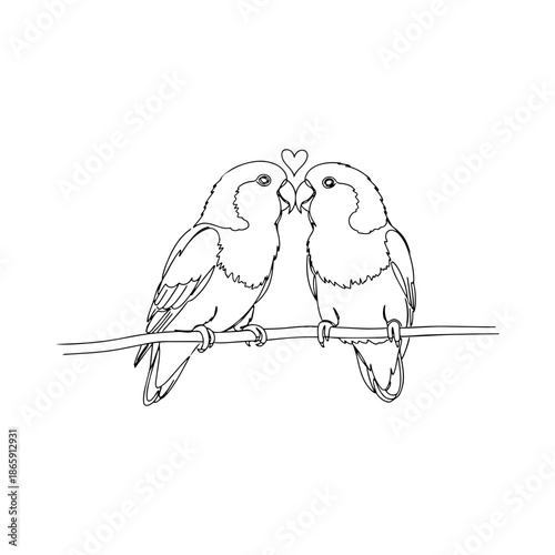 Two Lovebirds on Branch Romantic Illustration, Valentine’s Day Vector Line Art