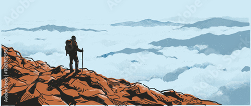 Lone hiker with a backpack and pole stands on a rocky summit, gazing at a majestic mountain range above a sea of clouds in a graphic halftone illustration style