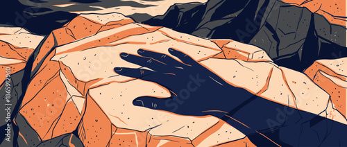Dark blue hand gently touching a textured orange rock in a dramatic, high-contrast graphic illustration with a mysterious and contemplative mood