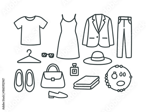 Minimalist Wardrobe Doodle. Minimal wardrobe. Hand-drawn doodle illustration minimal wardrobe plain T-shirt, simple dress, blazer, trousers, hanger, shoes,