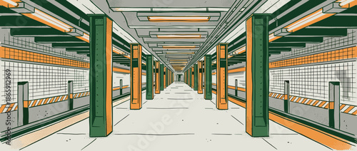 Empty subway station platform illustration with green and orange pillars viewed in a one-point perspective in a gritty comic book style with tiled walls and fluorescent lights