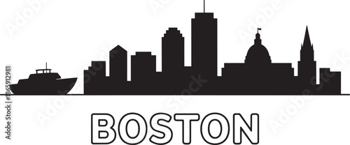 boston town skyline shape graphic with boat silhouette and simple text outline