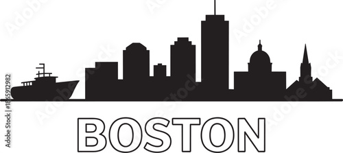 boston city skyline black silhouette with cruise ship and bold typography element