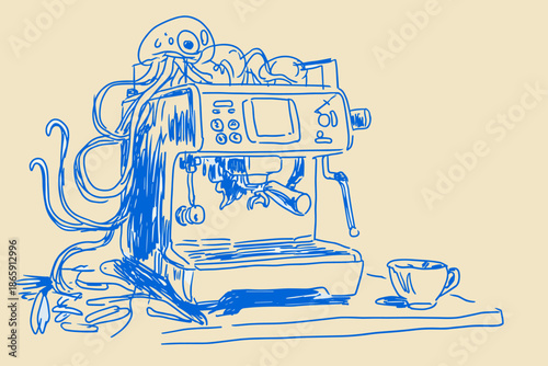 Surreal Coffee Machine Surrounded by Jellyfish