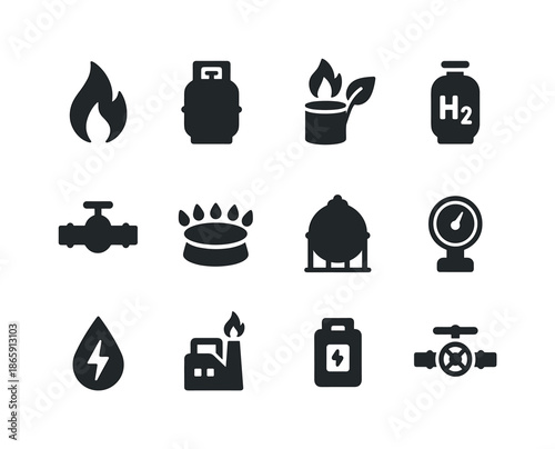 Energy Gas Icons. Energy gases. Solid icon set of Energy gases: natural gas flame, lng tank, biogas icon, hydrogen fuel icon, gas pipeline, gas burner, gas