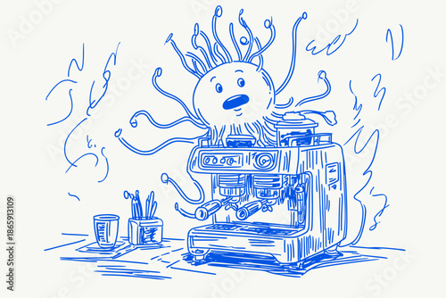 Surreal Coffee Machine Surrounded by Jellyfish