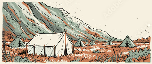 Vintage-style canvas tents at a campsite in a mountain valley, a retro hand-drawn illustration with halftone textures and a muted color palette depicting an outdoor adventure