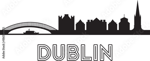 Dublin city skyline silhouette with famous architecture and landmarks in black color