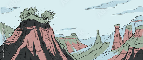 Hand-drawn illustration of a vast canyon landscape with layered rock formations, buttes, and a windswept tree on a cliff under a pale blue sky in a graphic comic book style