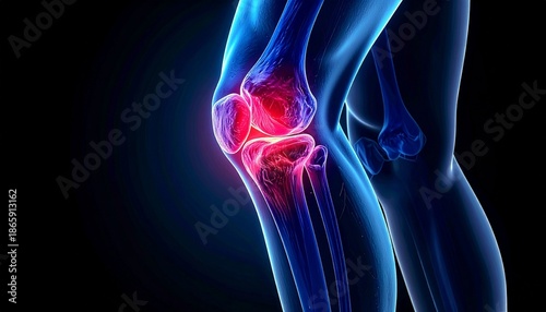 Digital illustration of a semi-transparent human knee joint with red inflammation highlighting pain or swelling.
