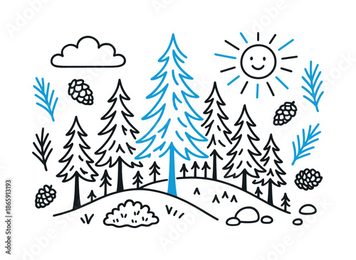 Larch Forest Doodle. Larch Forest. Hand-drawn doodle illustration Larch Forest tall larch silhouette (accented #2890f2), clustered trees, needle sprigs