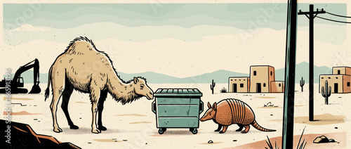Dromedary camel and an armadillo curiously inspect a metal trash bin in a barren desert town, a quirky and surreal scene depicted in a retro graphic novel art style