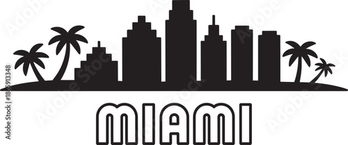 Miami Florida city skyline silhouette with palm trees and modern buildings solid black graphic