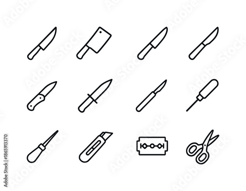 Sharp Tool Icons. Sharp tools. Line icon set of Sharp tools: kitchen knife, chef?s cleaver, paring knife, utility knife, pocket knife, hunting knife, scalpel,