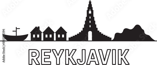 Reykjavik city silhouette vector travel graphic showing iconic church and surrounding geographic features