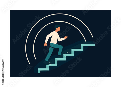 Glowing Stairway to Success. Self-improvement. Person climbing a staircase of glowing steps; tiny sparks rising with each stride. Uplifting arcs showing steady