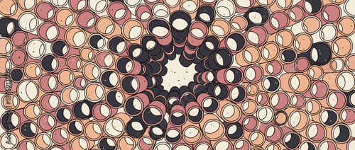 Large group of stylized cartoon binoculars in retro colors creating a dense radial pattern and pointing towards a central focal point in a conceptual illustration