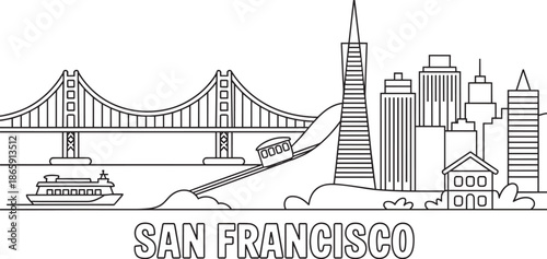 San francisco skyline outline icon with golden gate bridge transamerica pyramid and cable car