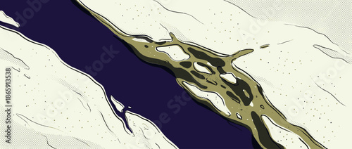 Abstract comic style vector illustration featuring a dark purple river flowing diagonally between organic olive green and off-white shapes with halftone dots and speckles