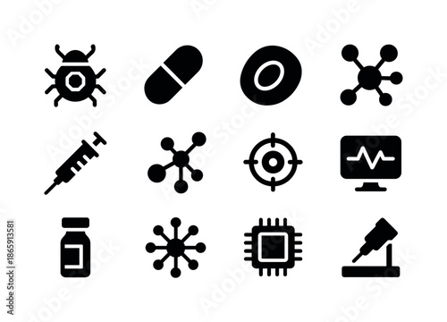 Nano Medicine Icons. Nano medicine. Solid icon set of nano medicine: nano robot, capsule, blood cell, molecular map, syringe, DNA node, cell target, health