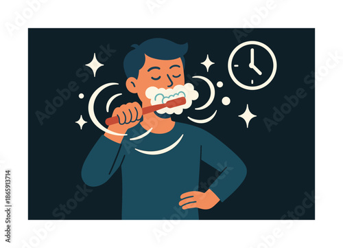 Routine Toothbrushing Sparkles. Brushing teeth. A figure brushing with foamy motion arcs around the toothbrush; floating sparkles marking cleanliness. Clock