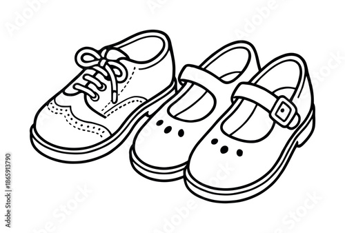 Vintage Shoes Coloring. Vintage shoes children?s coloring book illustration, outlined drawing, pair of classic lace-up shoes and Mary Janes, educational design